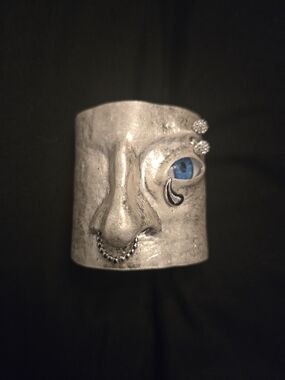 Schiaparelli Inspired Handcrafted Silver-Tone Face Cuff Bracelet Blue Eye Accent